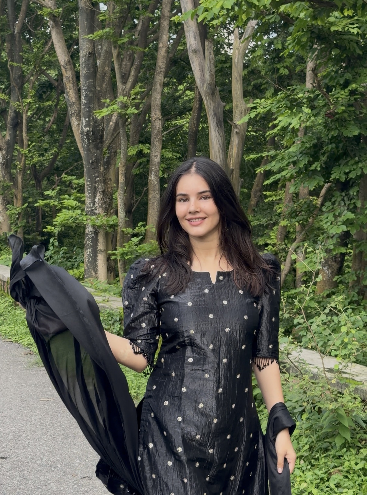 Black Embroidered Corset-Style Maxi Dress with Tie-Up Sleeves