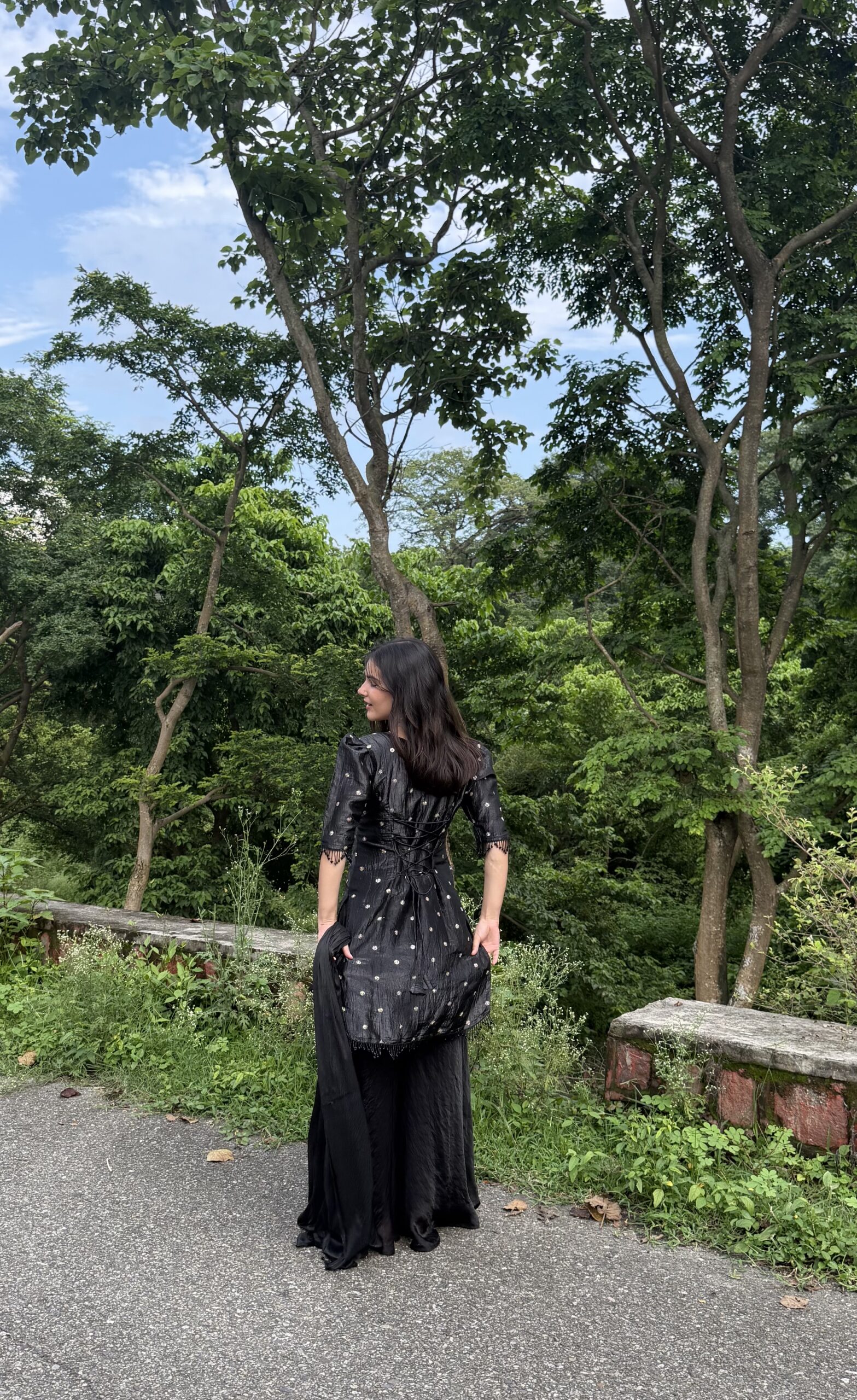 Black Embroidered Corset-Style Maxi Dress with Tie-Up Sleeves - Image 2
