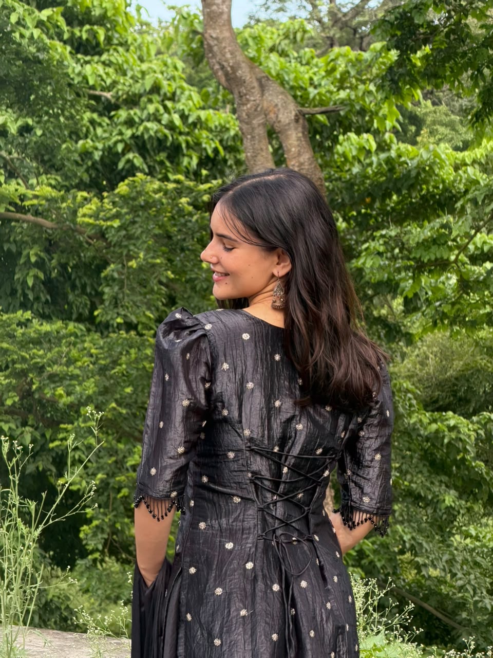Black Embroidered Corset-Style Maxi Dress with Tie-Up Sleeves - Image 10