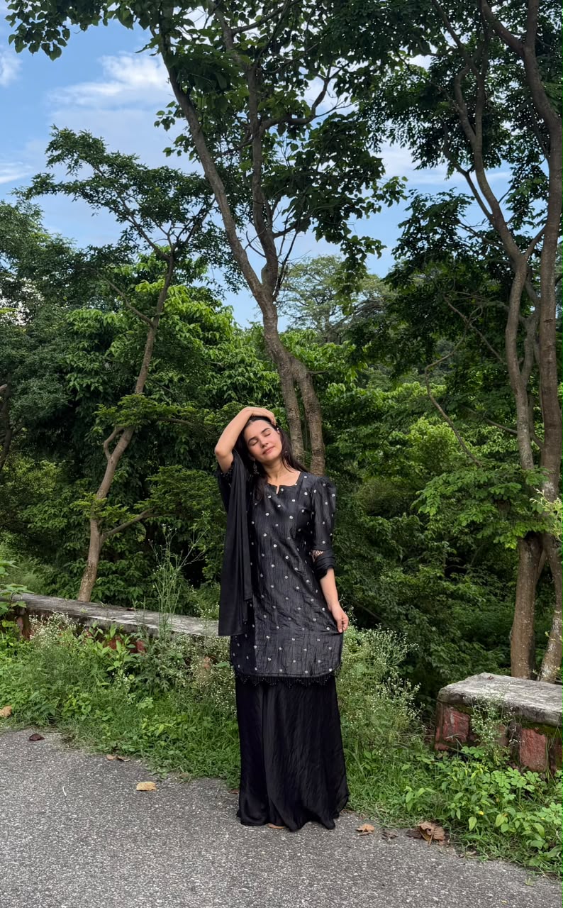 Black Embroidered Corset-Style Maxi Dress with Tie-Up Sleeves - Image 9